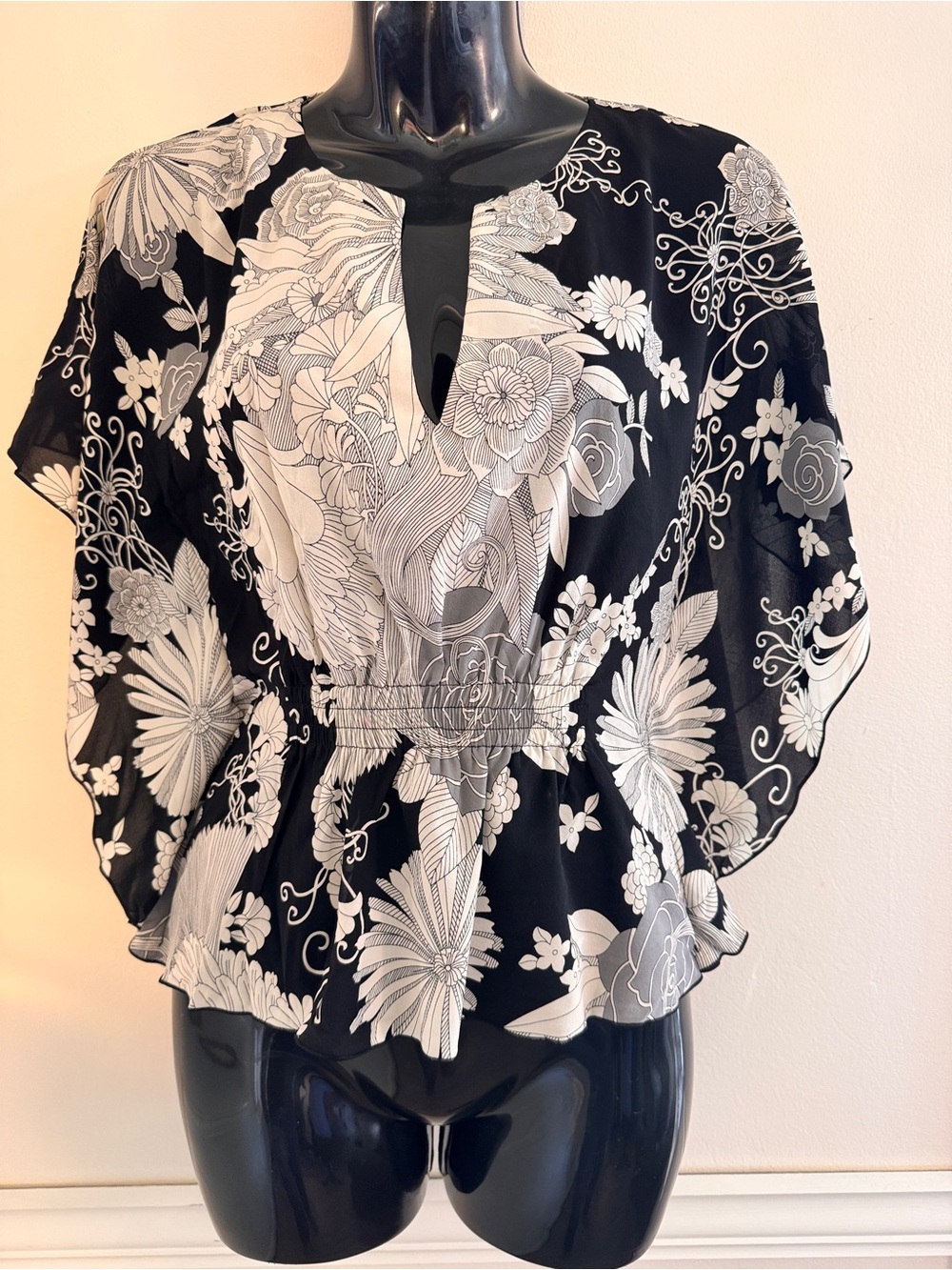 Trina Turk Black and White Floral Peplum Tunic | Size S